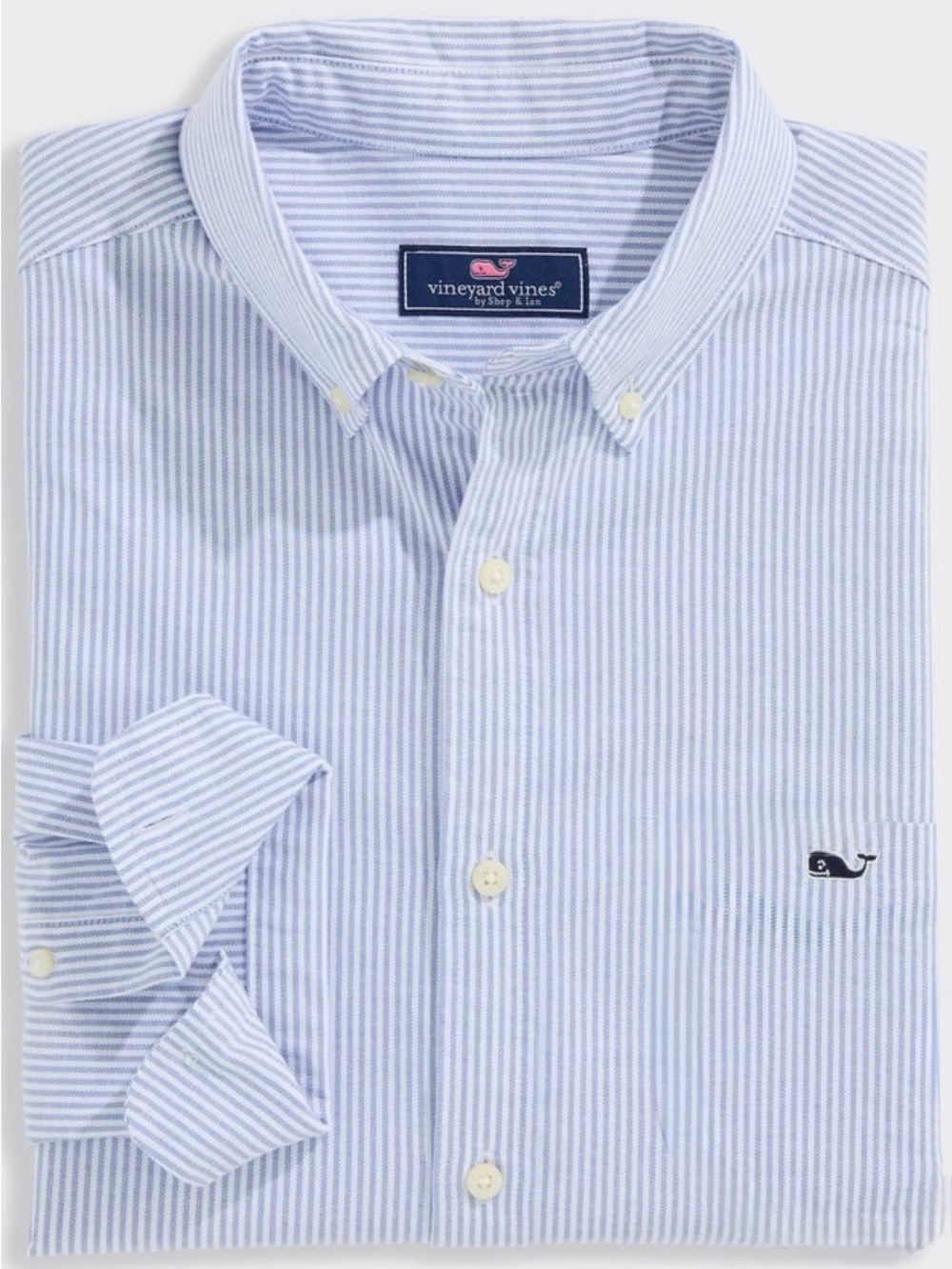 Vineyard Vines Men’s Blue and White Striped Button-Down Whale Shirt